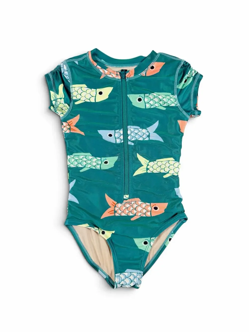 Tea Collection Fish Print Short Sleeve One Piece Swimsuit Teal Girls Size 6
